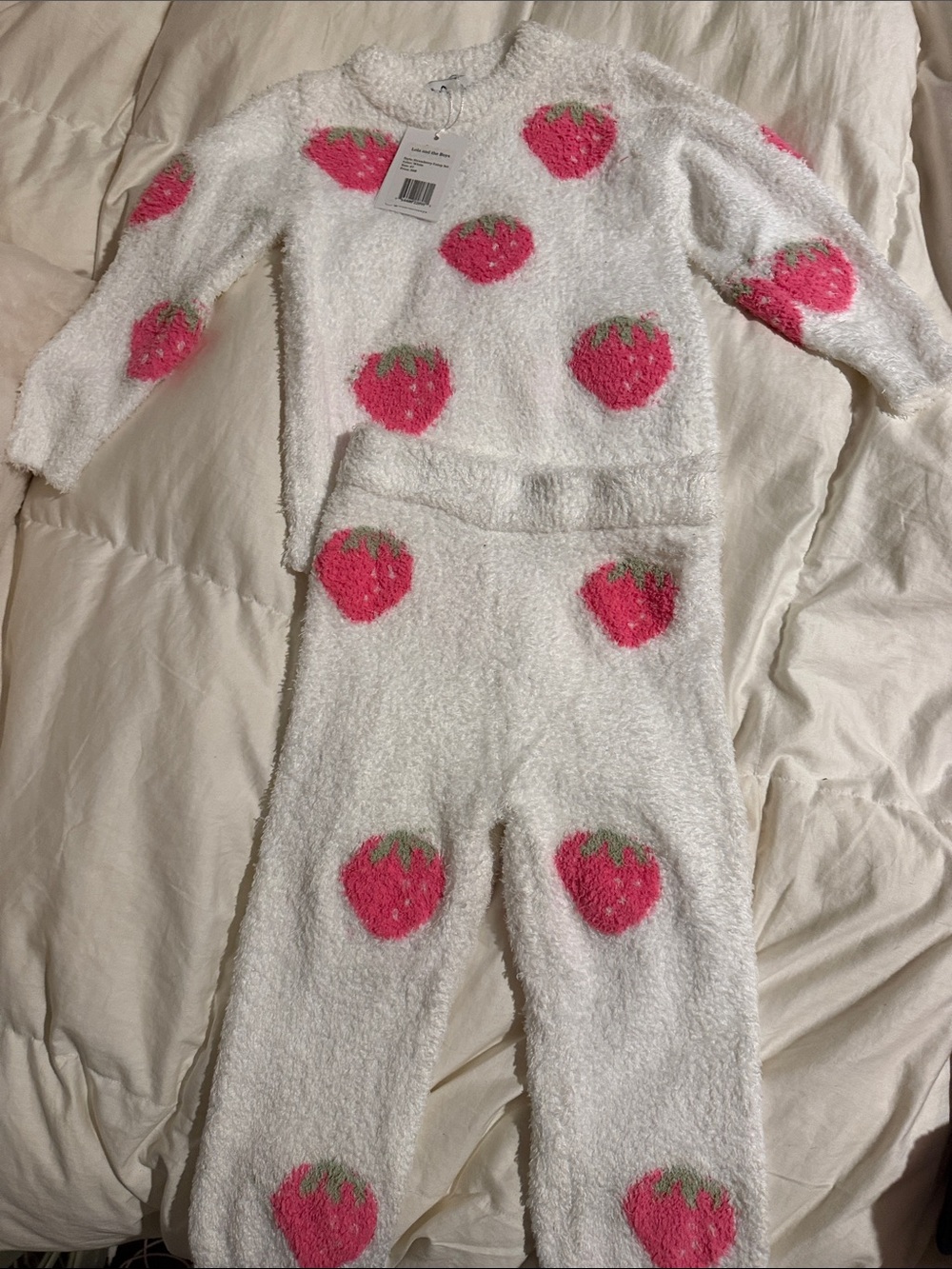 Lola + The Boys White Fuzzy Strawberry Print Kids Matching Set - Pink & Green